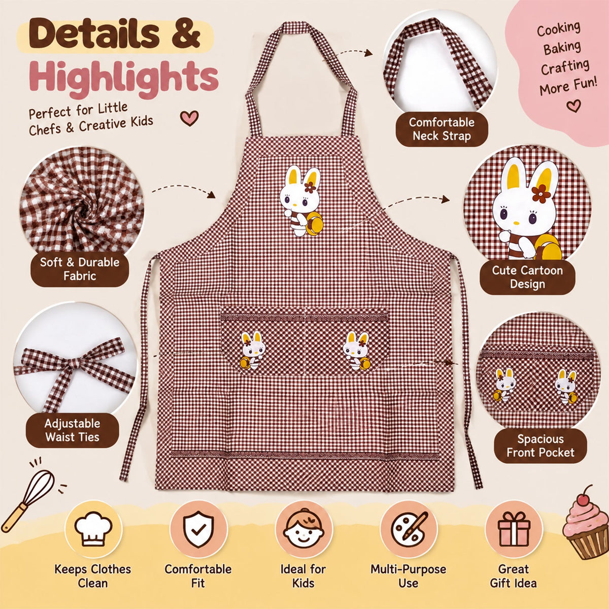 Kids Cartoon Kitchen Cooking Apron With Front Pockets (1 Pc 71 X 57 Cm)